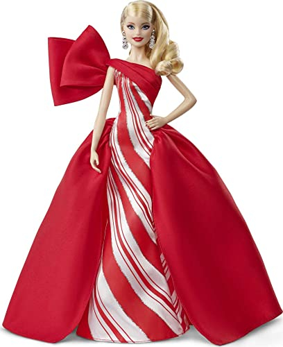 Barbie Signature FXF01 Holiday Puppe (blond), ca. 30 cm, im rot-weißen Ballkleid, mit Puppenständer und Echtheitszertifikat