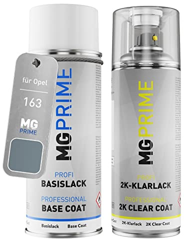 MG PRIME Pintura automotriz Set de botes de spray de 2 componentes para Opel 163 / 4AU GBJ Lichtsilber Metallic/Gris Eclair Metallic Pintura base pintura transparente de 2 componentes