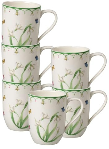 Villeroy & Boch Colourful Spring Becher mit Henkel 6er Set, 340 ml, Kaffeebecher mit Schmetterling- und Blumen-Dekor, Premium Porzellan, Weiß/Bunt