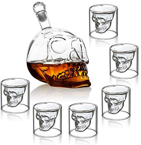 BKFG Whisky Karaffe 1000 ml Mundgeblasen und 6 Gläser Set, Whiskyset Whisky-Set 6 Gläser 75ml Totenkopfdesign Karaffe Geschenk für Party/Hausbar