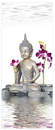Yelilad Türtapete Selbstklebend TürPoster Türaufkleber 3D Wohnzimmer Schlafzimmer Bad Wasserdicht Abnehmbare Professionelle Vinyl Upgrade, Buddha Statue Lila Blume Frieden 77x200 cm