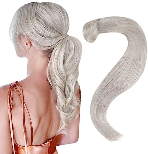 Easyouth Pferdeschwanz Zopf Extension Echthaar Zopf Haarteile Echthaar 40 cm Farbe Weißblond 80g Pferdeschwanz Extensions Echthaar #1000