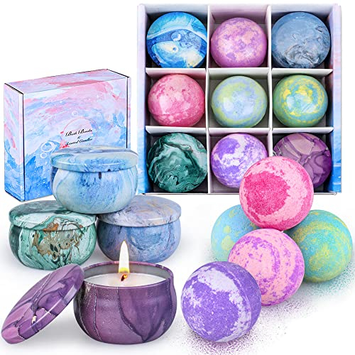 OFUN Bath Bombs & Scented Candles Gift Set, Large Bombs for Women Gifts, Spa Gift Idea for Girls, Friends, Kids Girlfriends Mum Mother's Day Birthday | 5 Bubble Balls & 4 Organic Soy Candles