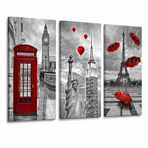 Lupia - Set 3 Quadri su Tela CANVAS DAY CITY RED 38x75 cm citta' in rosso, Stampa Vivida, Pronto da Appendere, Decorazione per Soggiorno, Capezzale Testiera Camera da Letto, Cucina, Ufficio