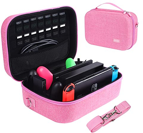 Glamgen Tragetasche für Nintendo Switch, große Aufbewahrung, Nintendo Switch-Hülle, tragbare Reise-Hartschalen-Schutzhülle mit 16 Spielkarten für Switch-Controller und Zubehör, Rosa