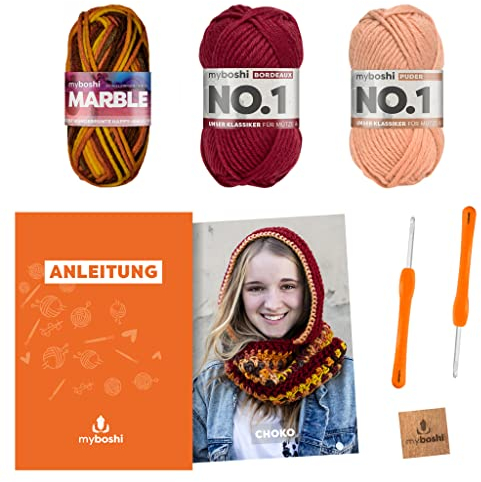 myboshi Häkelset Kapuzenschal Choko, inkl. Marble und No.1 Wolle, Nadel und Anleitung, für Boloop, 30% Merinowolle Rot mit Häkelnadel