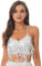 iEFiEL Damen Pailletten BH Bauchtanz Kostüm Oberteil Latin Neckholder Tops Frauen Tanzen Quaste Top Bikini Yoga Party Clubwear W Silber Kreuzen Rückchen L