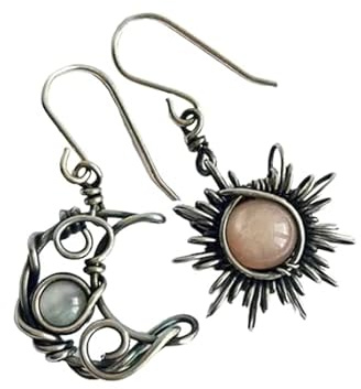 Unique Handmade Antique Boho Silver Sun & Moon Hook Earrings Celestial Charm Healing Crystal Mismatched Moonstone Earrings (1 Pair)