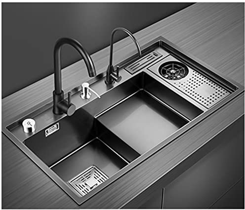 Évier De Cuisine en Acier Inoxydable 304 avec Rince-Verre Et Robinet, Monocuvette Évier De Bar Étagé Grand Évier De Poste De Travail De Cuisine Encastré (Color : C, S : 82x46x22cm)
