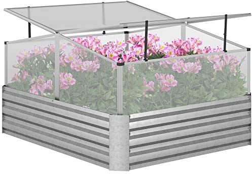 Outsunny Fioriera Orto Rialzata con Copertura Superiore in PC, Serra da Balcone per Uso Esterno in Giardino, Patio e Balcone, 126x107x57.5/67.5 cm, Argento