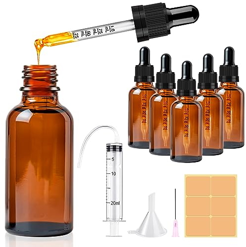 CoKeeSun 5 Pièces Flacon Compte Gouttes 30ml, Flacon Huile Essentielle Vide avec Entonnoir Aiguille Seringue Cathéter Autocollants pour Huiles Essentielles, Aromathérapie, Laboratoire, Parfums(Ambré)