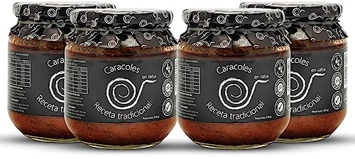 Schnecken in Soße. Gekochte Schnecken 550gr (4 Stück). Familiäres, hausgemachtes und handwerkliches Rezept. Geschmorte Schnecken. Gourmet-Konfitüren. Escargots Gourmet. 100 % in Spanien hergestellt.