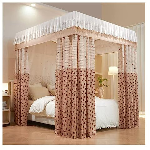 Betthimmel Luxuriöses Betthimmel-Moskitonetz mit Rüschenrand, 2 m, King-Size-Doppelbett, Bettvorhang, Schlafzimmer-Dekoration, mit Metallständer (Color : Khaki, Size : Single Layer)