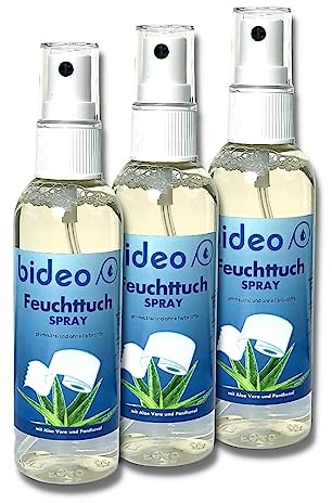 bideo® Feuchttuchspray 50ml - Hygienische Reinigung mit nur einem Sprühstoß auf das Toilettenpapier, (umweltfreundliche Alternative für Feuchttücher) erfrischend & pflegend (50ml – 3er Set)