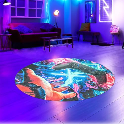CARPETIA Teppich Gamerzimmer waschbar kurzflor pflegeleicht schwebender Kontroller mit leuchtenden Symbolen in bunt, 200 cm Rund