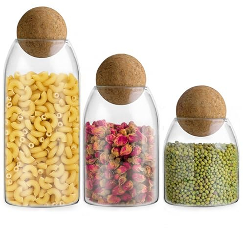 BIMUYI Glass Storage Jar with Ball Cork Lid, Decorative Glass Canister, Cylinder Clear Container, Set of 3