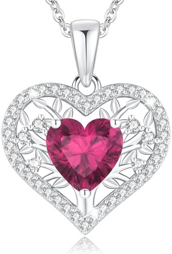 LAVUMO Lebensbaum Herz Kette Damen 925 Sterling Silber Geburtsstein Anhänger Halsketten Geburtstagsgeschenk für Frauen Freundin Mama Valentinstag Muttertags Weihnachten (Silber-07-Juli)