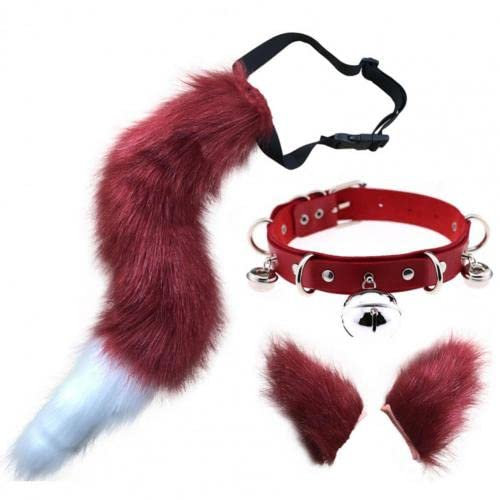ZGPjubilant Verschleißfestes, attraktives, solides Fuchsschwanz-Ohren-Set, erwachsenes Fuchsschwanz-Set, exquisit für Halloween (schwarz) (rot)
