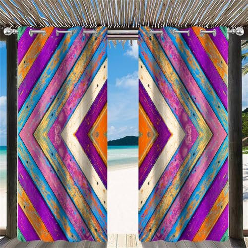 Hiseng Rideaux D'extérieur, Imperméables Grain de Bois Occultant Rideaux Solation Thermique Anti Chaleur Protection UV pour Pergola Jardin Tonnelle Terrasse Balcon, 2 pièces (140x183cm,Rétro)