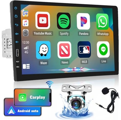CAMECHO 9 Inch Single Din Car Stereo with Wireless Apple CarPlay Android Auto Touchscreen 1 Din Car Radio with Bluetooth FM Radio EQ Mirror Link Car MP5 Player USB + Reverse Camera + MIC