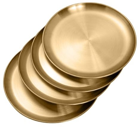 WANBY Stainless Steel Plates Gold Metal Dinner Plates Unbreakable Dinner Dishes Set for Kitchen Home Camping Outdoor Party BBQ (10inch 4Pcs)
