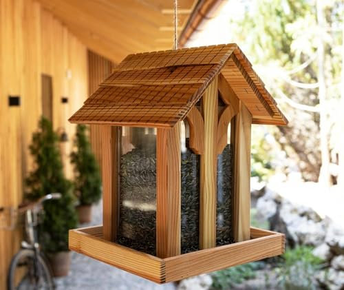 Hochwertiges Vogel Futterhaus aus Geölter Europäischer Lärche - Mit Glas Rundbogenfenster