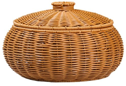 Rattankorb mit Deckel rund um die große Kapazität gewebte Waschmaschine Rattan Storage Korb Pastoral Mehrzweck Rattan Körbe Deckel mit Eiertee Snacks Früchte Kosmetik