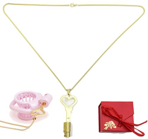 ScreaAss Herzförmiger Schlüssel Keuschheitsschloss Für Männer Peniskäfig Zubehör Mit Kette, Edelstahl Schlüssel Und Schloss Für Harz Keuschheitsgürtel Metall Chastity Cage Sexspielzeug,Gold,50cm