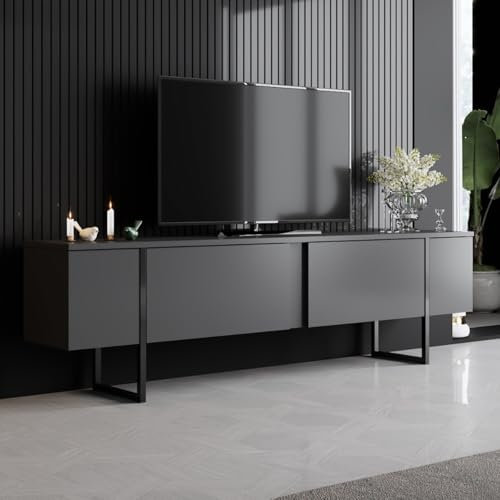 CONCEPT USINE | Luxor - Meuble TV Anthracite et Noir 2 Portes 180 cm | Design Contemporain avec Grands Rangements | Structure Résistante et Minimaliste | Idéal pour Organiser Un Salon Moderne