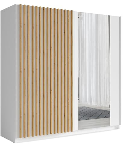 konsimo Schwebetürenschrank Castari (2 Türen, 4 Ablageböden, 1 Kleiderstange, 1-St., Moderne Optik, Griffleisten, Lamellen, ohne Soft-Close, Kunststofffüße) 2-türig, (weiß - Artisan Eiche)