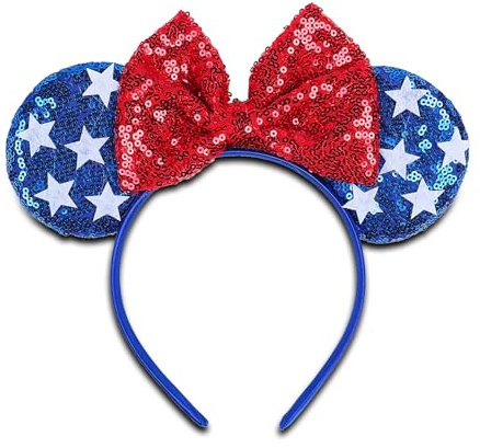 XIELIME Serre-tête oreilles de souris pour femme, rouge, blanc et bleu, accessoire pour cheveux indépendant, fête patriotique, taille unique