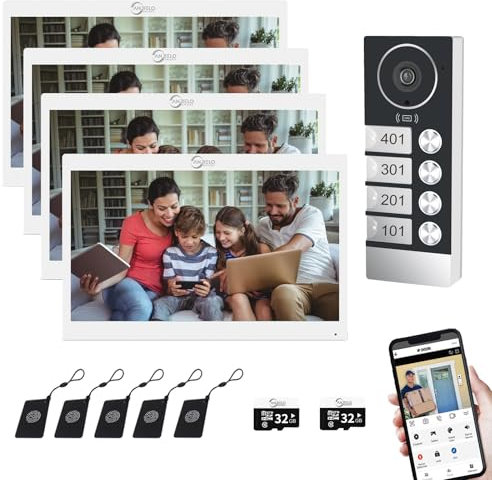 Sistema di videocitofono dell'appartamento cablato, 4 unità da 10 pollici con monitor Wifi a sfioramento, monitoraggio di ISupport, sblocco, citofono a doppio senso Tuya per la casa Vally (bianco)