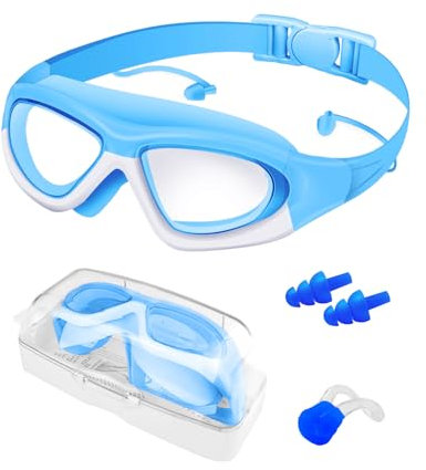 Rantizon Lunettes de Natation pour Enfants, Lunettes de Piscine Anti-Buée avec Grand Cadre Confortable, Protection UV et Sans Fuite, Inclut Bouchons d'Oreilles et Nasal, pour Filles 3-14 Ans, Bleu