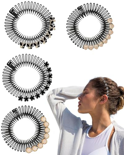 TPZORJX 4PCS élastique peigne bandeau métal bandeau, accessoires cheveux,serre tete enfant,plastique souple peigne à cheveux rond, peigne à cheveux extensible pour les hommes et les femmes, sport