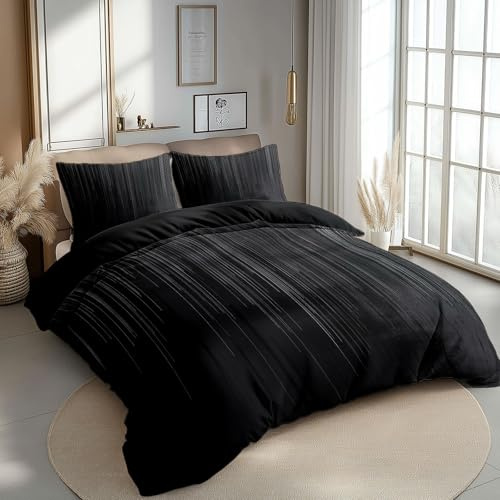 CozyRest Schwarz-grau vertikal gestreift Bettwäsche Set Schwarz Bettdeckenbezug mit Reißverschluss Pflegeleicht Mikrofaser Hypoallergen 180 x 200 cm 2 Kissenbezug 80x80 cm