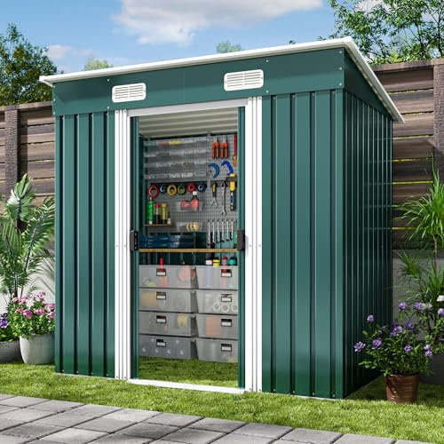 Xbro Abri de jardin en métal 183 x 109 x 182 cm, avec toit en pente et porte coulissante, abri à outils avec serrure et gants (vert)