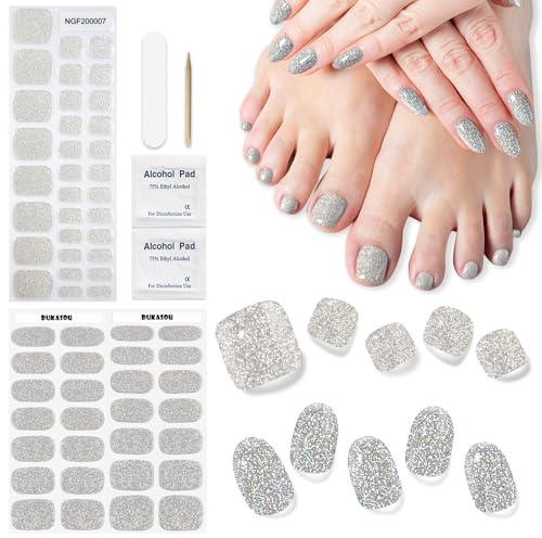 Nagelfolie UV Härtend - Fußnägel Zum Kleben UV Gel Nagelfolie Selbstklebend Nail Stickers 2 Set,UV-Lampe Erforderlich,Lang Anhaltende (Glänzendes Silber)
