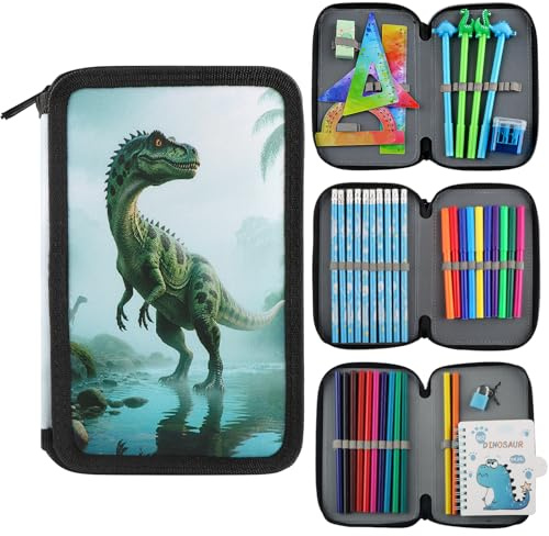 Federmäppchen Jungen Dino Federtasche 44-teilig Schreibwaren 3 Fächer | Große Federmappe 3 Fach Reißverschluss Mäppchen mit Lineal Wasserfarben Federpenal Geschenk für Schule Mädchen Teenager