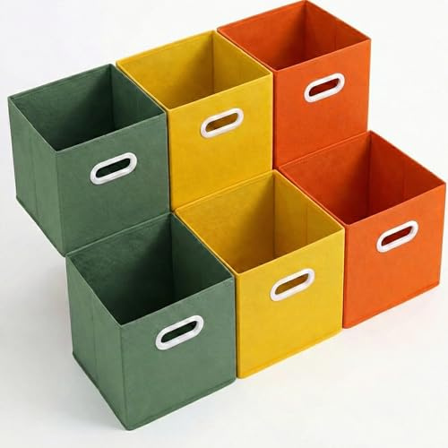 Lourome Storage Cubes, 11-inch Cube Storage Bin, 6 Sets Foldable Fabric Storage Cubes With Handles 11 inch Cube Storage Organizer, Closet Organizers and Storage Bins with Handle