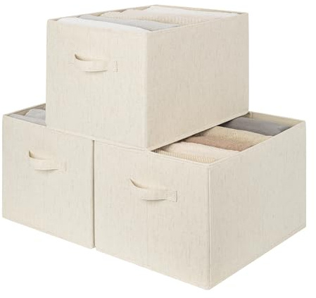 StorageWorks extra große Körbe Aufbewahrung, Stoffboxen Aufbewahrung für Regale, Spielzeug, Aufbewahrungsbox Kleiderschrank, Schrank Organizer mit Griffen, beige (Baumwolle-Leinen), 3 Stück