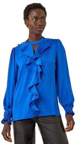Roman Originals Ruffle Front V-Neck Satin Blouse for Women UK - Ladies Everyday Autumn Winter V-Neckline Comfy Soft Evening Vacation Work Party Night Out