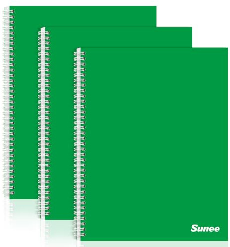 SUNEE A4 Notebook, Pack of 3 Notepads, Wirebound Notebooks, 80gsm Premium Paper, 100 Sheets / 200 Pages, 8mm Lined with Margin, 4-Hole Punched and Perforated Edge, Green