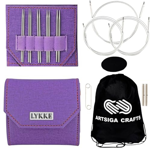 Lykke Flight 8,9 cm. Mini US Größen 0, 1, 1,5, 2, 2,5, austauschbares Rundstricknadel-Set für Spitze, Finger, Socke, Babygarn, Edelstahl, 3 Drehschnüre, violettes Etui, Projekttasche