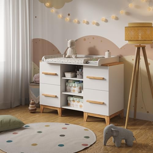 VitaliSpa Wickelkommode Malia, Weiß/Artisan, 133 x 98 cm | XL mit 4 Schubladen, mit abnehmbarem Wickelaufsatz zur Nutzung als Kommode