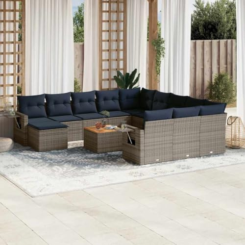 Hoopleep 13-teiliges Gartensofa-Set, Grau Polyrattan, Modulare Outdoor Sitzgruppe mit Kissen, Akazienholz Tisch, UV-beständig, für Terrasse, Balkon, Außenbereich