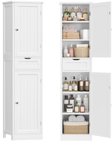 SLINEMO Tall Bathroom Cabinet, Freestanding Bathroom Storage Unit with Drawers & Adjustable Shelves, Slim Space-Saving Design 40cm Wide, White 40x30x170cm