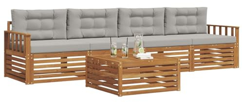 vidaXL Outdoor-Sofagarnitur mit Kissen 5 pcs Natürlich und Hellgrau, Gartenlounge, modernes Outdoor-Sofa, Sitzmöbel für die Terrasse, langlebige Komfort-Einheit