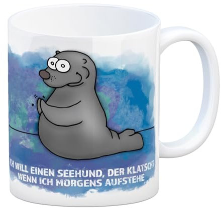 trendaffe Kaffeebecher mit Seehund Motiv und Spruch: Ich will einen Seehund, der klatscht, wenn ich morgens aufstehe