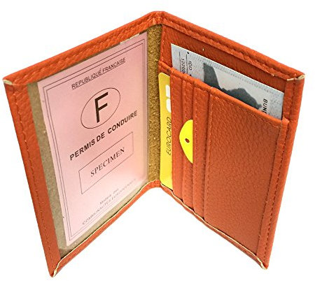 LOLUNA® Porte Carte identité - Permis de Conduire - Carte bancaire - Vitale - Navigo - Fidélités - Petit Format Compact, Fin et Plat, Emplacement Cousu, en Cuir dans Plusieurs Couleurs - Orange