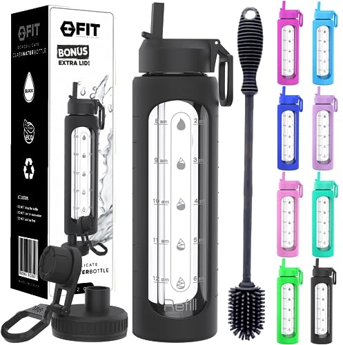 FIT Strong & Healthy 32 oz Glass Water Bottle with Straw Lid, Time Marker - Motivational, Wide Mouth, Large BPA-Free, Glass Drinking Bottle, Waterbottle (Black Sleeve, with Brush)
